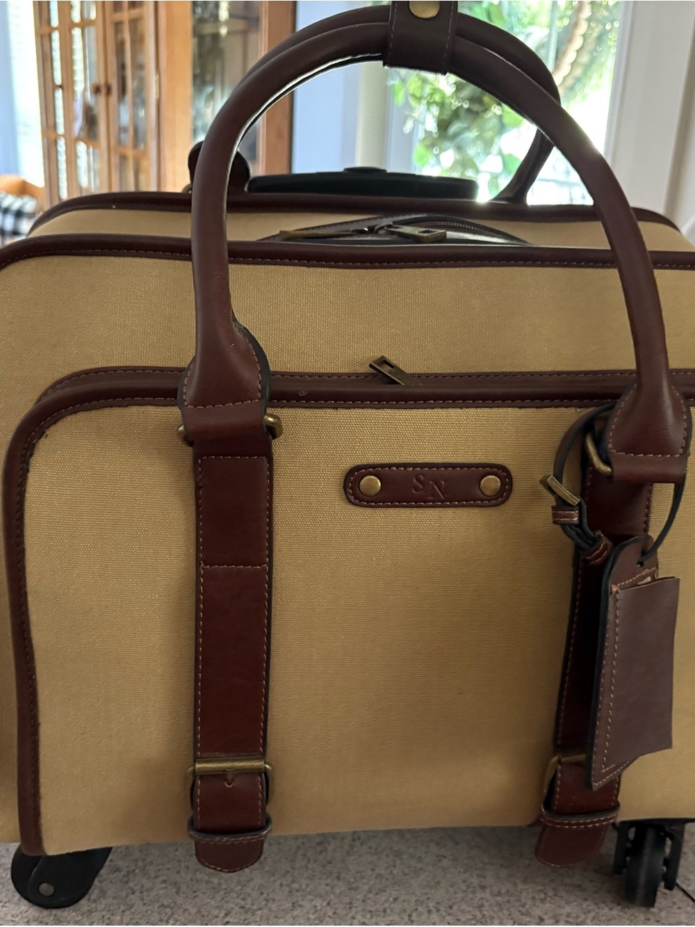 Simply Noelle Tan Canvas Travel Bag with Brown Leather Trim and Handles